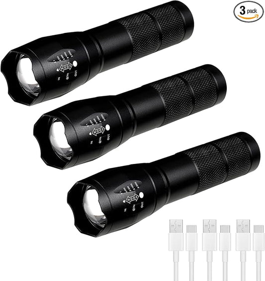 3 Pack LED Rechargeable Flashlight, Super Bright Small MiniCamping Flashlights Zoomable Beam, Convenient USB C Charging for Camping Hiking Outdoor Home Emergency