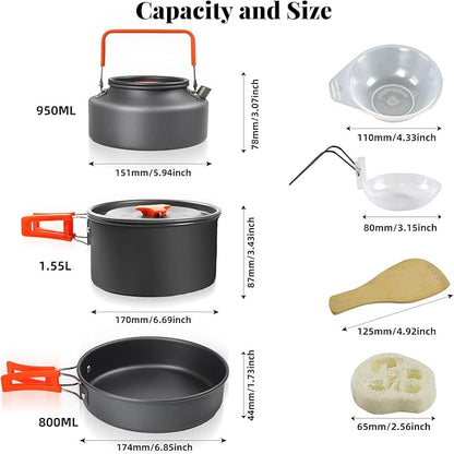 Camping Essentials Cookware Cooking Set, Camping Pots and Pans Set for Backpacking Gear, Car Camping Mess Kit for Camping Stove, Camp Kitchen with Camping Kettle, Pour Over Coffee Dripper