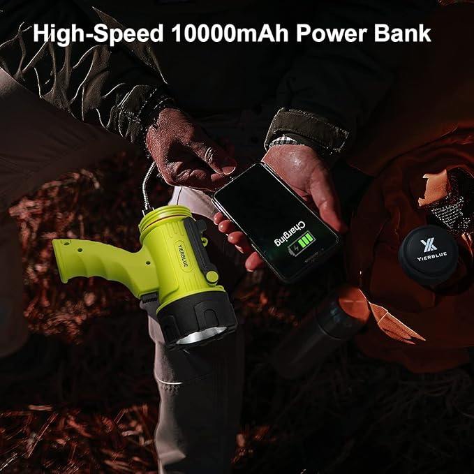 YIERBLUE Rechargeable Spotlight with 200000 Lumen LED, IP67 Waterproof Handheld Flashlight Searchlight with Detachable Red Light Filter, 24 Hours Long Running (fluorescent)