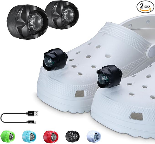 RAHAN Rechargeable Headlights for Croc 2pcs,Flashlights Attachment for Crocs, LED Shoes Light with 3 Light Modes for Dog Walking, Camping, Running, Suitable for Adults, Black