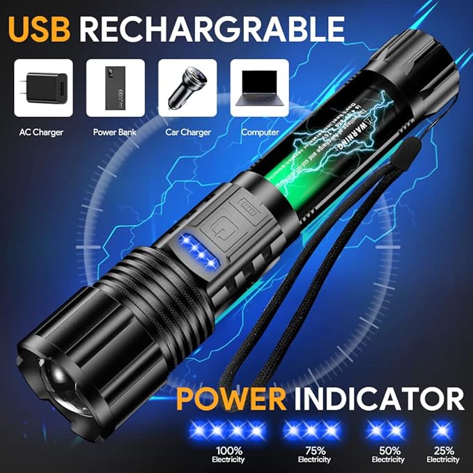 2 Pack Rechargeable Flashlights 10000 High Lumens with Cob Sidelight,Waterproof,Zoomable,5 Modes,LED Flashlight for Emergency Camping Hiking(with Battery)