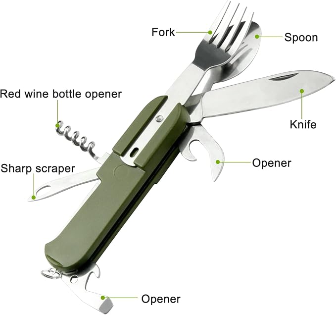 7-in-1 Camping Utensils - Portable Stainless Steel Camping Fork Spoon Knife Set for Camping, Hiking, Picnics Outdoor Enthusiasts, and Travel - Essential Survival Utensil Tool Kit