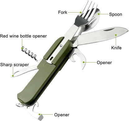 7-in-1 Camping Utensils - Portable Stainless Steel Camping Fork Spoon Knife Set for Camping, Hiking, Picnics Outdoor Enthusiasts, and Travel - Essential Survival Utensil Tool Kit
