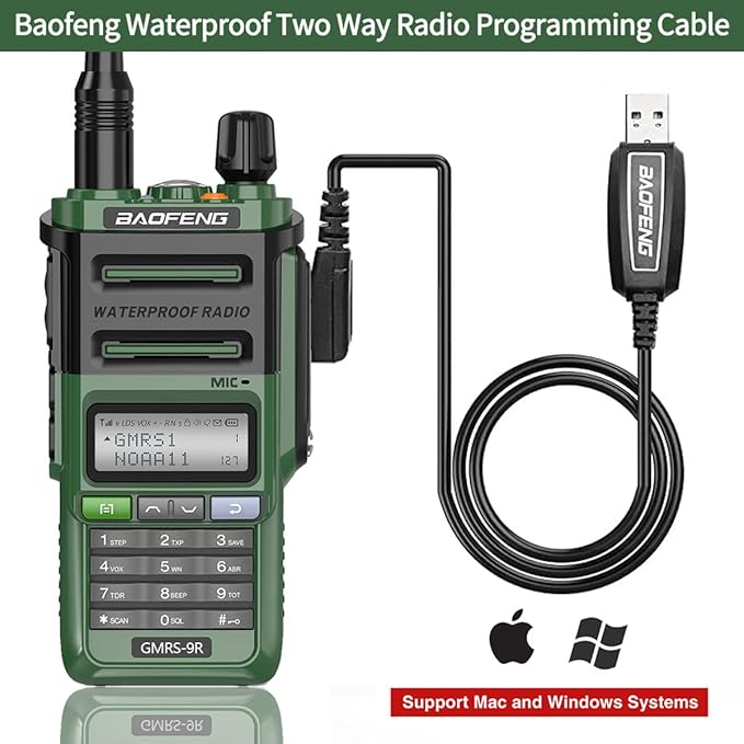 GMRS Radio Baofeng GMRS-9R 5W Rechargeable Two Way Radio for Adults,Waterproof IP67,NOAA Scanning and Receiving with Extra Original Battery,Programming Cable,Tactical Antenna,Speaker Mic,Tactical Bag