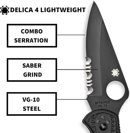 Spyderco Delica 4 Lightweight Signature Knife with 2.90" Saber-Ground Black Steel Blade and FRN Handle - CombinationEdge - C11PSBBK