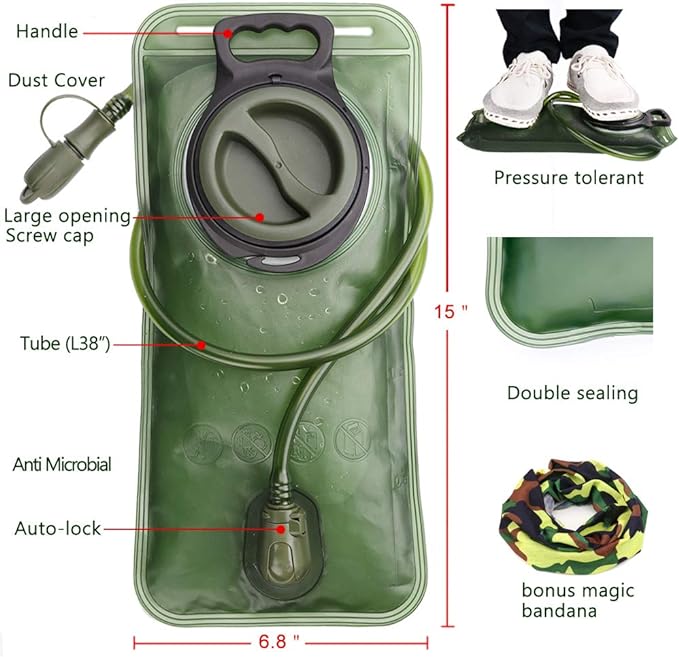 Hydration Bladder, 1.5L-2L-3L Water Bladder for Hiking Backpack Leak Proof Water Reservoir Storage Bag, BPA-Free Water Pouch Hydration Pack for Camping Cycling Running, Military Green 1.5-2-3 Liter