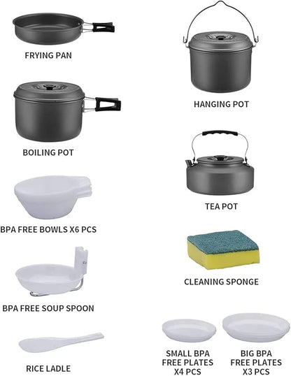 Bulin 24/13/11/8/4 PCS Camping Cookware Mess Kit Lightweight Backpacking Cooking Set Outdoor Cook Gear for Family Hiking, Picnic(Kettle, Pot, Frying Pan, Bowls, Plates, Spoon)
