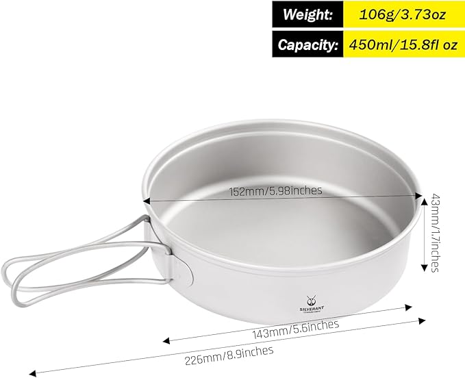 Camping Plate Titanium Pan Dish Plate with Handle & Mesh Bag, Large Reuseable Ultralight Dinner Plate for Camping Outdoors Backpacking (450ML)