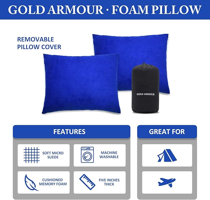 Gold Armour Camping Pillow - Backpacking and Travel Pillow for Sleeping and Traveling - Compressible Memory Foam Travel Pillow - Essential Camping Accessories Gear (Small 12 x 16in, Blue)