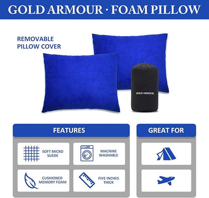 Gold Armour Camping Pillow - Backpacking and Travel Pillow for Sleeping and Traveling - Compressible Memory Foam Travel Pillow - Essential Camping Accessories Gear (Medium 14x18in, Blue)