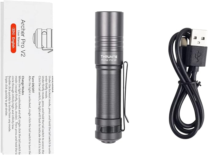 ThruNite Archer Pro V2 EDC Flashlight - 950 Lumens, USB-C Rechargeable, Tail Switch LED Penlight for Camping, Outdoor & Emergency - Cool White (Grey)