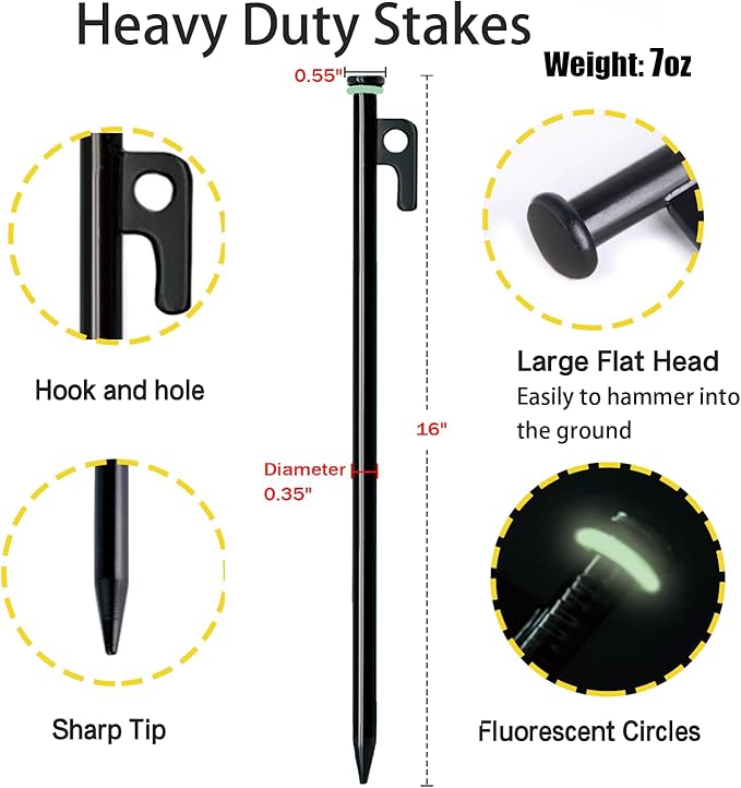12 Pack Tent Stake with Hammer, 16in Heavy Duty Tent Stakes + 10in Camping Hammer+Storage Pouch, Forged Steel Tent Stakes for Camping Used on Rocks(12 Pack 16in Tent Stakes+Hammer