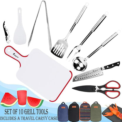 Bisgear Backpacking Camping Cookware Camp Kitchen Utensil BBQ Organizer Travel Mess Kit with Water Resistant Case, Cutting Board, Rice Paddle, Tongs, Scissors, Knife, Spork