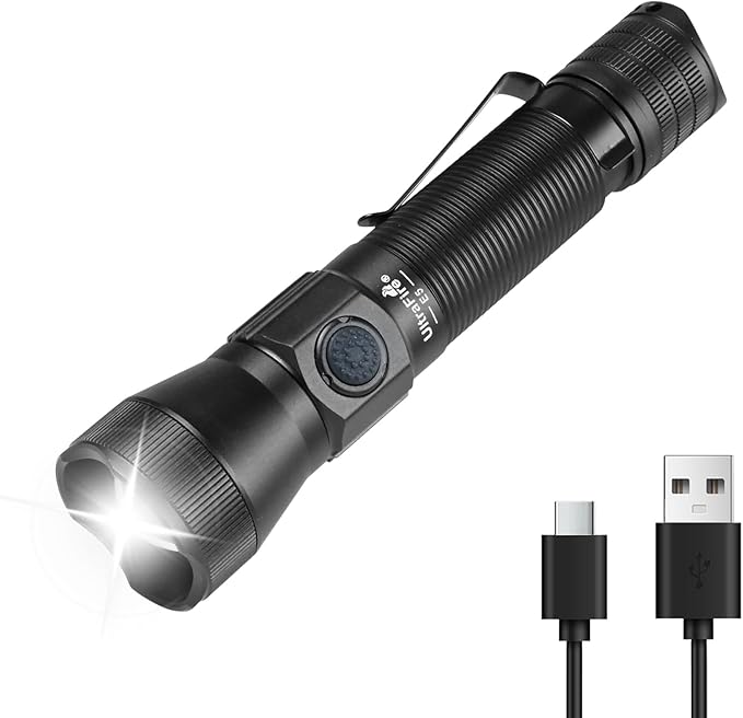 ULTRAFIRE E5 Tactical Flashlight Zoomable Rechargeable 1350 High Lumens Law Enforcement EDC Flashlight,6 Modes Dual Switches Small LED Torch for Patrolilng,Emergency