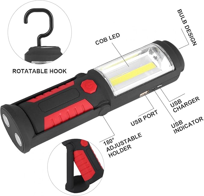 LED Work Light,COB LED Flashlight,Portable Flashlight,with Magnetic Stand for Car Repair, Home, Garage, Emergency and Outdoor Camping (Red), COB LED Flashlight,LED Work Light,Portable FlashliCOB