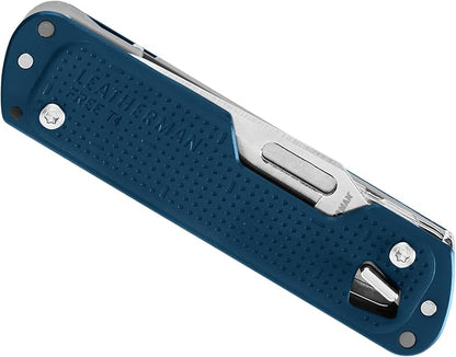LEATHERMAN, FREE T4 Multitool and EDC Knife with Magnetic Locking and One Hand Accessible, Made in the USA, Stainless, Navy
