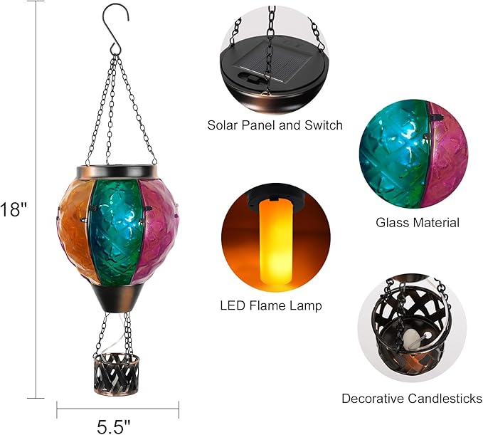 Hot Air Balloon Solar Lantern with Flickering Flame Hanging Solar Lanterns Outdoor Lights Waterproof Lanterns Decorative Garden Patio Yard Party Decor Colorful
