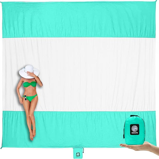 WEKAPO Beach Blanket Sandproof, Extra Large Beach Mat, Big & Compact Sand Free Mat Quick Drying, Lightweight & Durable with 6 Stakes & 4 Corner Pockets