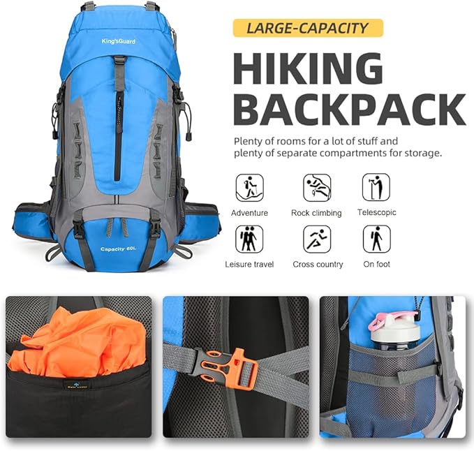 King'sGuard 60L Hiking Backpack Lightweight Camping Backpack with Rain Cover Large Waterproof Packable Outdoor Trekking Travel Backpack for Men Women (Blue)