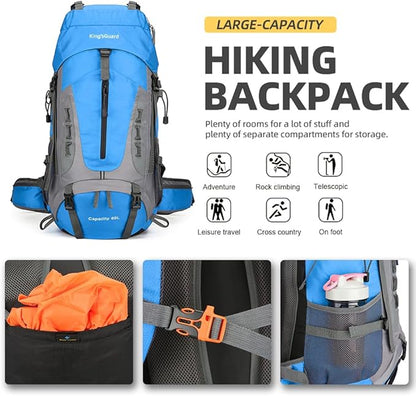 King'sGuard 60L Hiking Backpack Lightweight Camping Backpack with Rain Cover Large Waterproof Packable Outdoor Trekking Travel Backpack for Men Women (Blue)