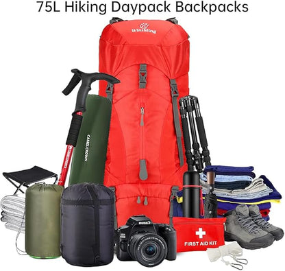 King'sGuard Hiking Backpack for Men and Women 70L+5L Waterproof Lightweight Camping Daypack with Rain Cover for Outdoor Travel Mountaineering - Frameless (Red)