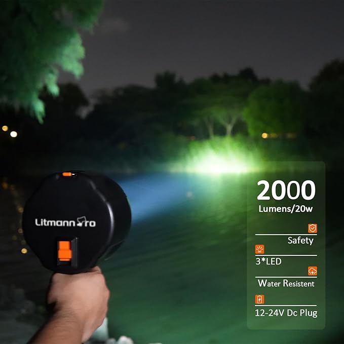 2000 Lumens Handheld Spotlights LED Flashlight Searchlights with 12V-24V DC Car Charger Outdoor Floodlight for Camping Fishing Boating Hunting Hiking