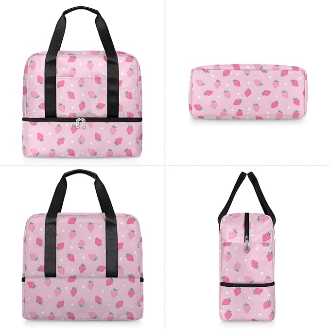 Sports Gym Bag Cute Strawberry Pink Travel Duffel Bag Waterproof Lightweight Swim Bag Travel Tote Luggage Weekender Overnight Handbag Workout Bag with Shoes Compartment for Women Men