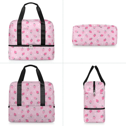 Sports Gym Bag Cute Strawberry Pink Travel Duffel Bag Waterproof Lightweight Swim Bag Travel Tote Luggage Weekender Overnight Handbag Workout Bag with Shoes Compartment for Women Men