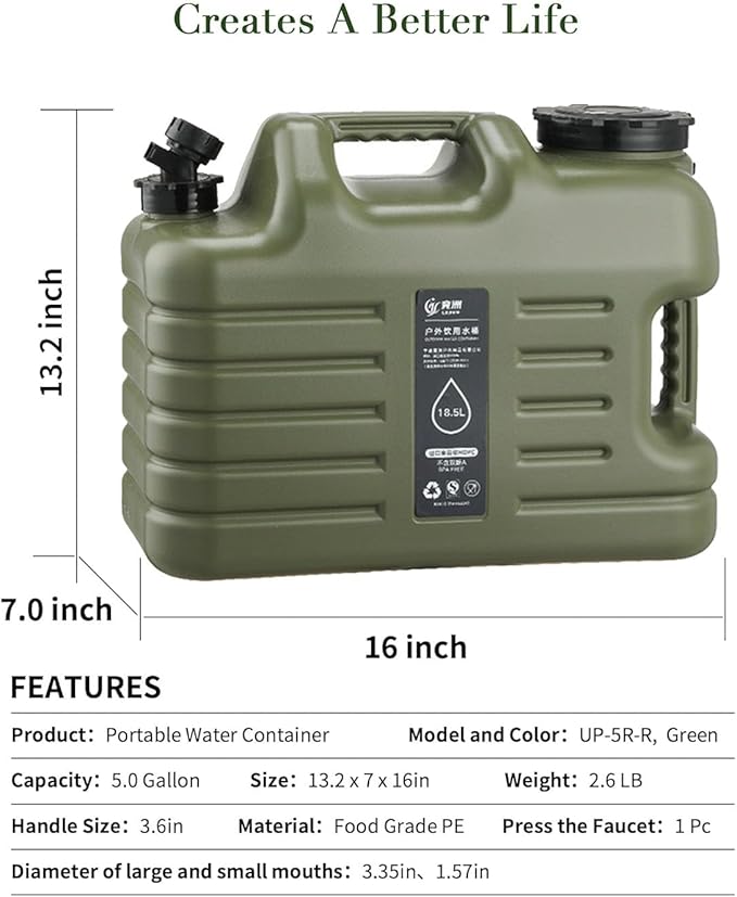 5 Gallon Water Jug,Thickened Water Storage Overlanding Gear Containers, Camping Essential Leak-Proof Green Portable Water Tank,BPA Free Outdoors Hiking