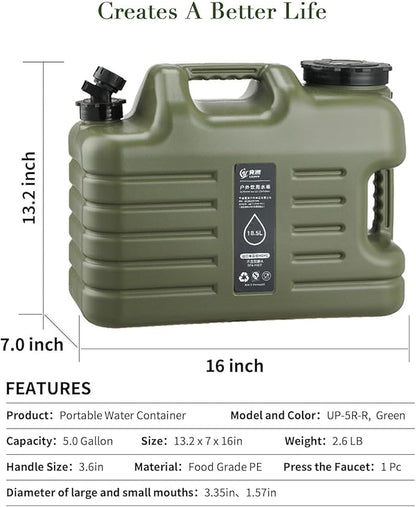 5 Gallon Water Jug,Thickened Water Storage Overlanding Gear Containers, Camping Essential Leak-Proof Green Portable Water Tank,BPA Free Outdoors Hiking