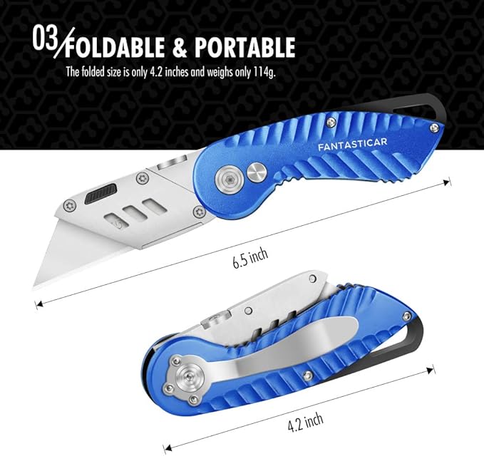 FantastiCAR Folding Utility Knife, Quick Blade Change Box Cutter, Anti-slip Metal Body, with Safety Lock and 5 Extra Blades (Ocean Blue)