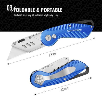 FantastiCAR Folding Utility Knife, Quick Blade Change Box Cutter, Anti-slip Metal Body, with Safety Lock and 5 Extra Blades (Ocean Blue)
