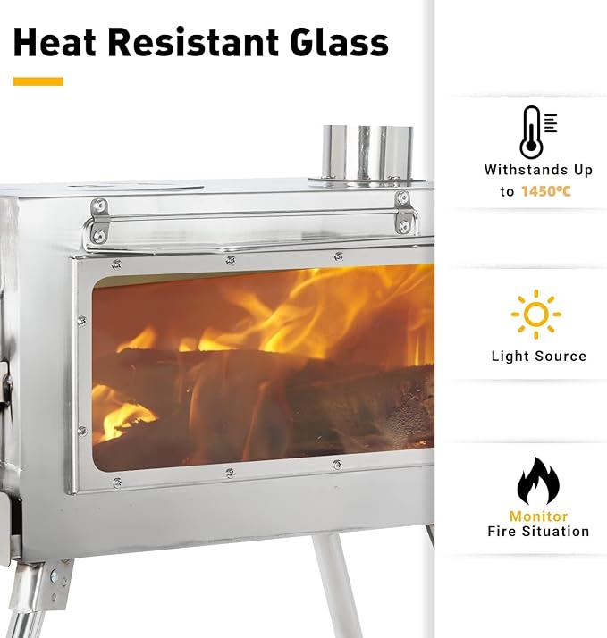 Outdoor Camping Stove Camp Tent Stove, Portable Wood Burning Stove with Chimney Pipe for Tent, Shelter, Camping Heating and Cooking (Pipe Diameter: 2.95")