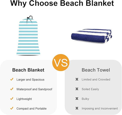 Large Beach Blanket Waterproof Sandproof, Oversized Picnic Blankets Sand Free for 8 Adults, Lightweight Quick Drying Beach Mat for Travel, Camping, Hiking, Blue Beach Essentials Accessories