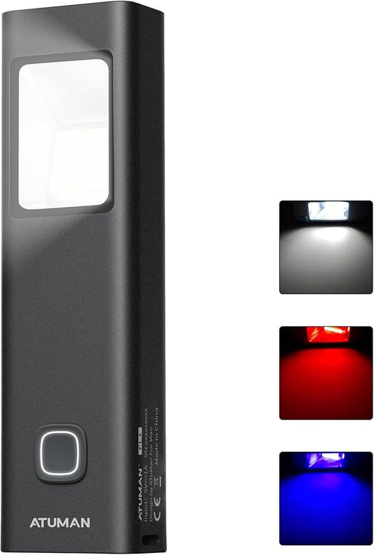 ATuMan Flashlight with White, Red and Blue, SOS & Strobe & Alarm Rechargeable EDC Torch, Bike Light, Clip-on, Handheld and Magnetic, 7 Modes, IP67, Aircraft-Grade Aluminum Body (iF Design Award 2024)