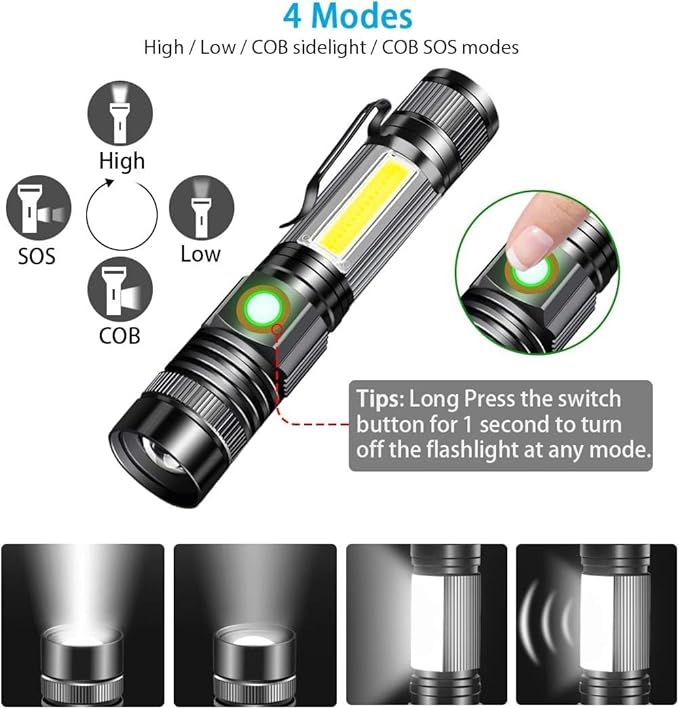 Flashlight USB Rechargeable Handheld Flashlights,Bright Zoomable LED Flashlights with High Lumens and 5 Modes,Waterproof Portable Pocket Flash Light for Emergency, Camping, and Outdoor Use(4 Pack)