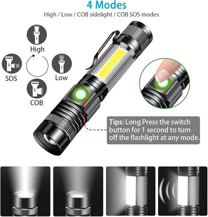 Flashlight USB Rechargeable Handheld Flashlights,Bright Zoomable LED Flashlights with High Lumens and 5 Modes,Waterproof Portable Pocket Flash Light for Emergency, Camping, and Outdoor Use(4 Pack)