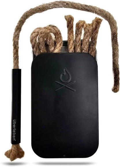 überleben Tindår Tinder Wick & Bellow Fire Starter Kit - Waterproof, 60 Min Burn Time - Paraffin Wax Rope Hemp Wick and Bellow Bushcraft Survival Kit - Black Aluminum Sleeve & Slider Box