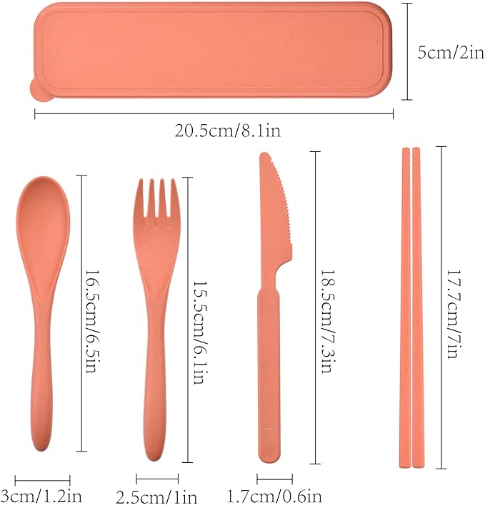 Travel Utensils with Case, Portable Wheat Straw Cutlery Set, Spoon Knife Fork Chopsticks Reusable Utensils for Travel Work Picnic Camping or Daily Use (7)