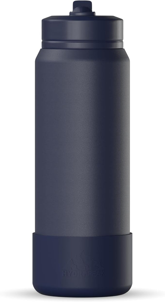 Hydrapeak 26oz Sport Insulated Water Bottle with Straw or Chug Lid, Leak & Spill Proof, Keeps Drinks Cold for 24 Hours, Hot for 12 Hours, Premium Stainless Steel Water Bottles (26oz, Navy)