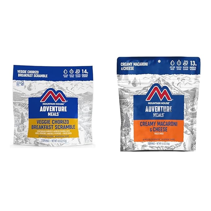 Mountain House Veggie Chorizo Breakfast Scramble 2-Servings & Creamy Macaroni & Cheese 2 Servings Bundle