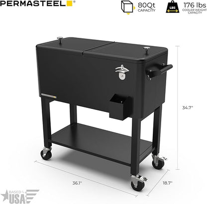 Permasteel Party Cooler with Removable Basin, Spacious 80-Qt Capacity, Rolling Ice Chest for Indoor and Outdoor Entertainment Black + Bonus Cover