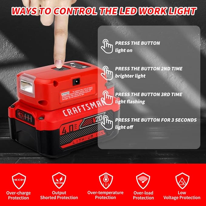 Battery Adapter Charger for Craftsman V20 Li-ion Battery Power Source with 3W 140LM LED Light, 2 USB Ports, 12V DC Port Flashlight Worklight Outdoor Camping Lantern Light