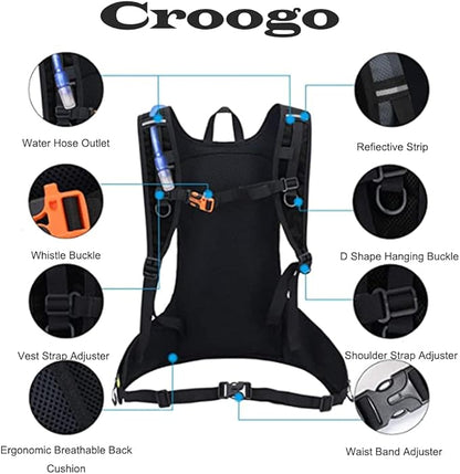 Croogo Hydration Backpack with 2L Water Bladder Mountain Bike Rucksack Waterproof Hydration Pack Backpack for Cycling Running