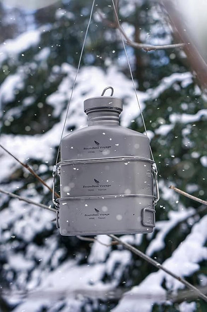 Boundless Voyage Titanium Military Canteen with Camouflage Bags Large Capacity Kidney Shape with Lid and Hanging Chain