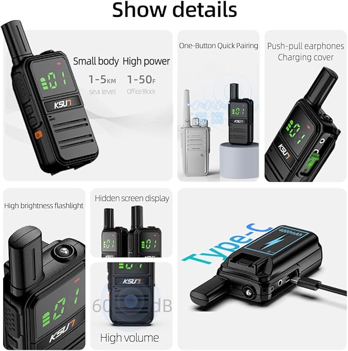 2 Pack Long Distance Walkie Talkies Portable FRS Two-Way Radios, 4000mAh Rechargeable Battery, 16 Channel for Cruise Camping Hiking KSUN M3Plus