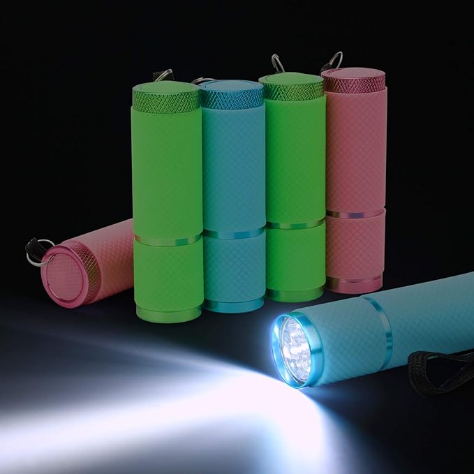 AHIER 9 LED Glow in Dark Flashlights, Rubber Coated Small Flashlights with Straps, Portable Handy Lights for Camping, Hiking, Indoor, Assorted Colors (3 Colors 6 PCS)