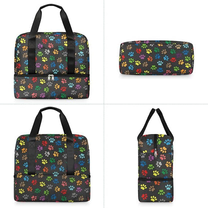 Sports Gym Bag Colorful Dog Paw Print Travel Duffel Bag Waterproof Lightweight Swim Bag Travel Tote Luggage Weekender Overnight Handbag Workout Bag with Shoes Compartment for Women Men
