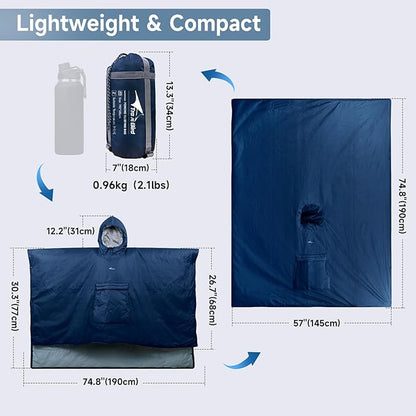 Sleeping Bag for Adult, Wearable Blanket Insulated Poncho Hooded, Sleepingbag Quilt for Winter Camping Hiking Sports