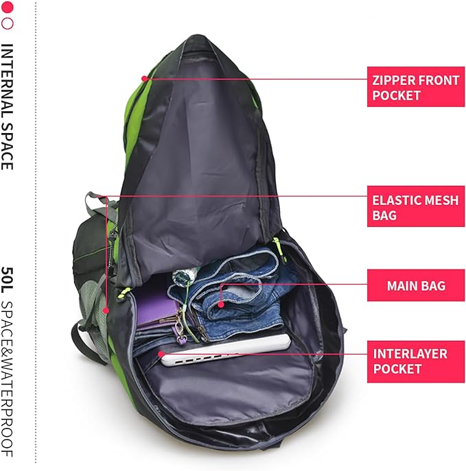 Bseash 50L Hiking Backpack, Water Resistant Lightweight Outdoor Sport Daypack Travel Bag for Camping Climbing Touring (Green - No Shoe Compartment)